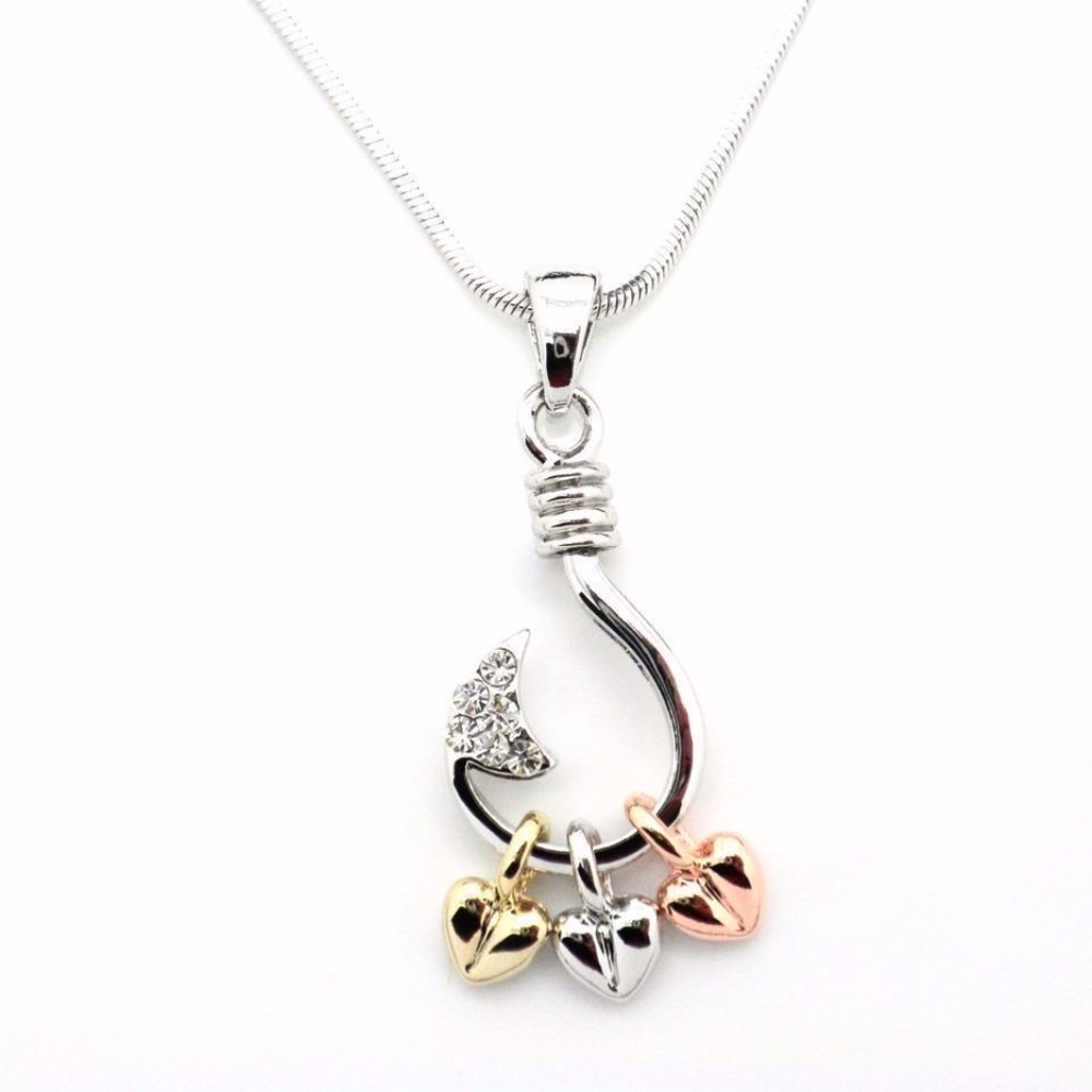 Fishing Hook w Hearts Tri-colored  Necklace